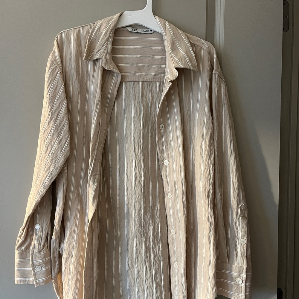 Zara Beige Striped Button-Up Shirt